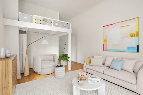 a living room with furniture and a potted plant