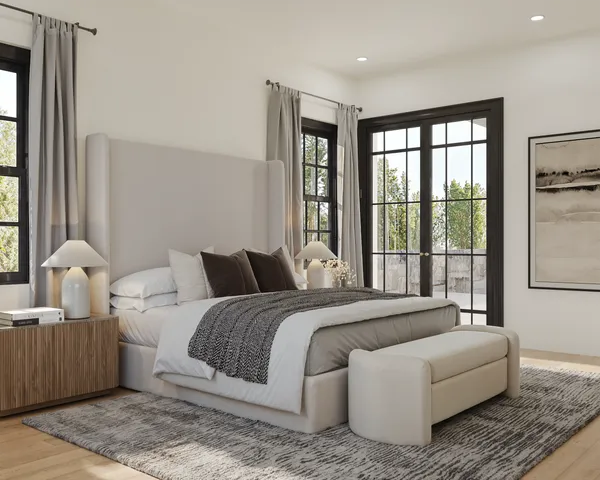 a bedroom with a bed and a couch