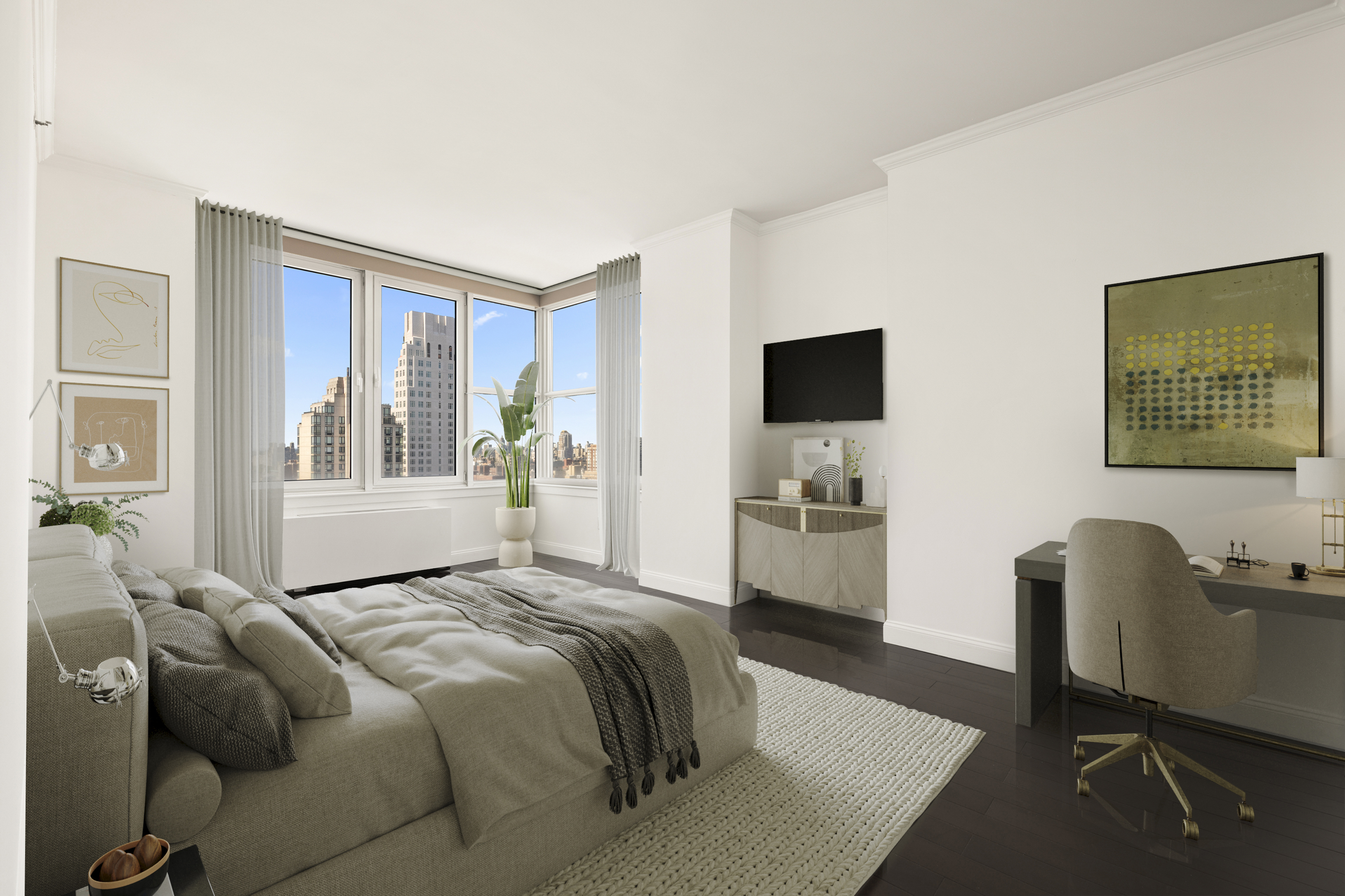 404 East 76th Street, Unit 30A Manhattan, NY 10021 - Photo 6 of 17 a bedroom with a bed wooden floor and a flat screen tv