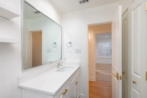 a bathroom with a sink a mirror and a shower