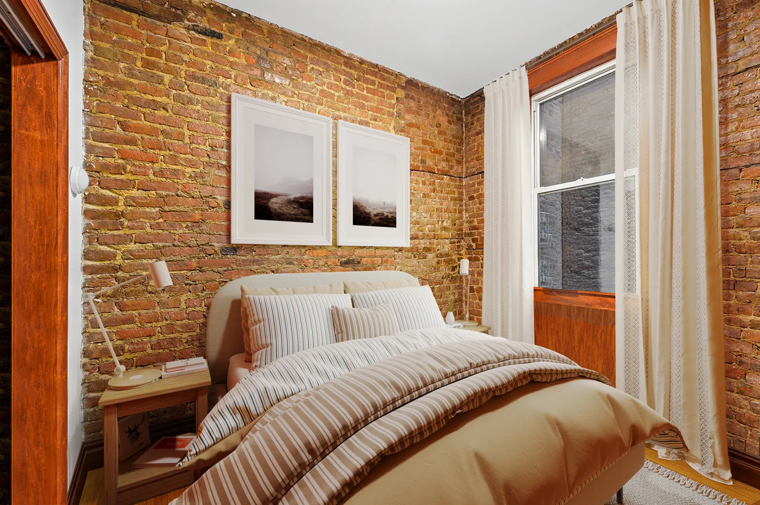 a bedroom with a bed and a mirror