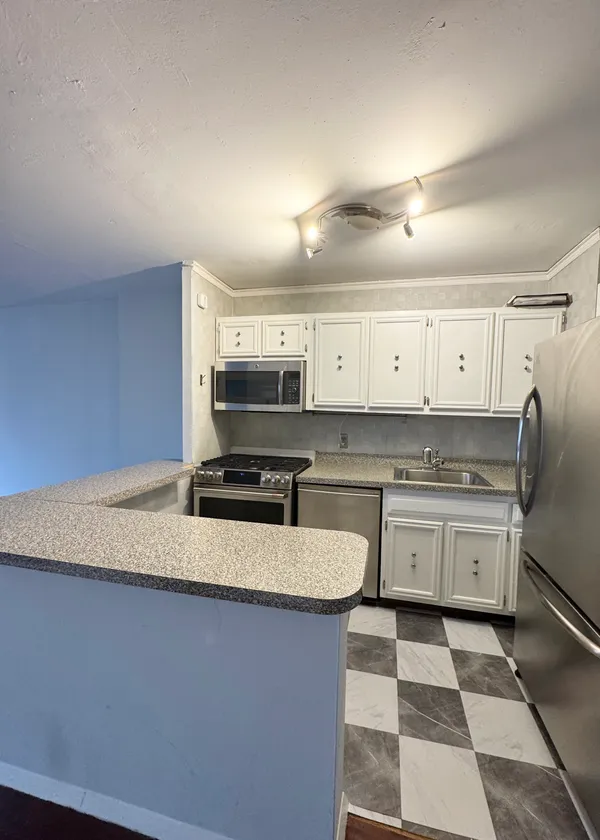 a large kitchen with a stove a sink dishwasher and a refrigerator with wooden floor