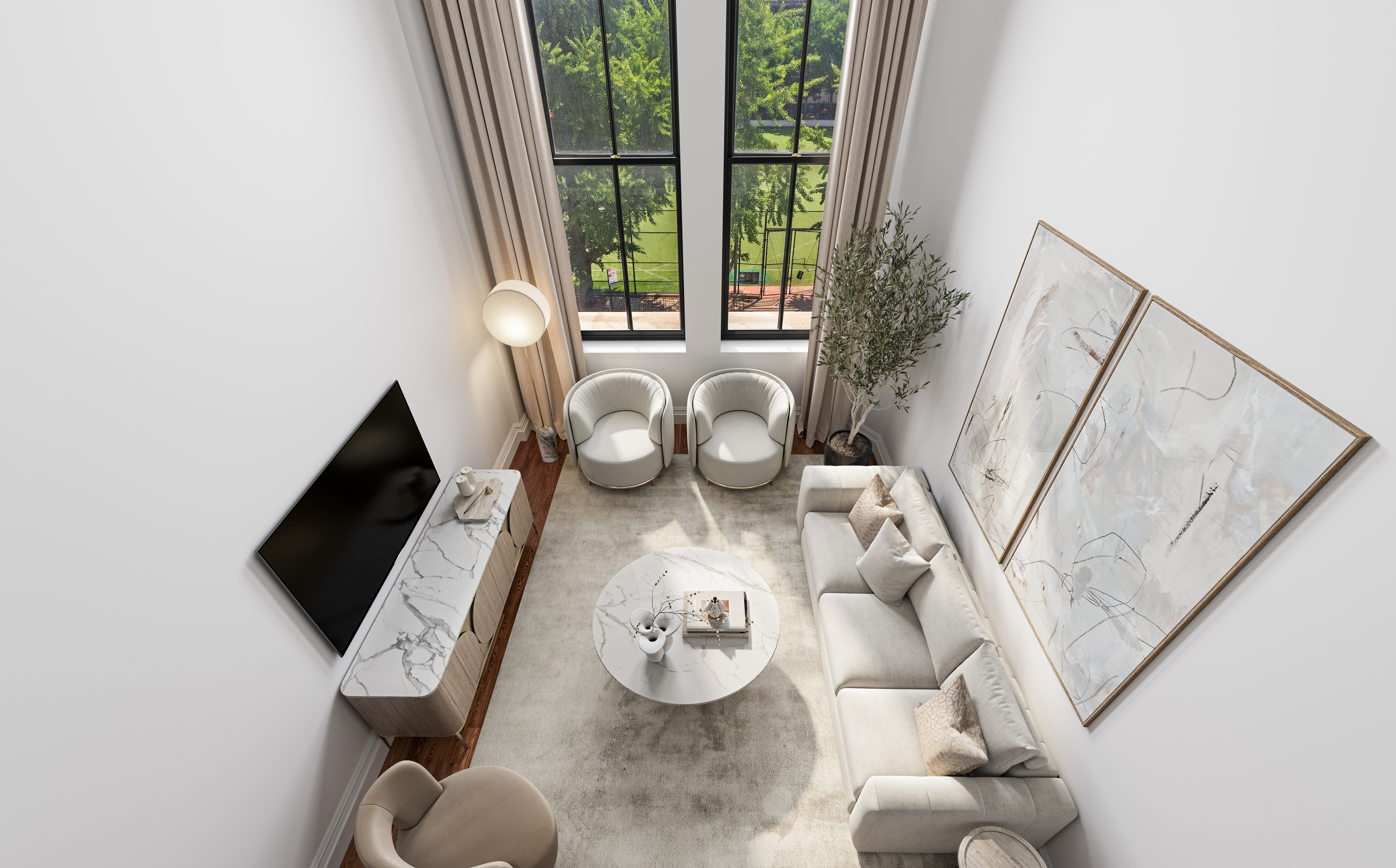 421 Hudson Street, Unit 306 Manhattan, NY 10014 - Photo 1 of 12 a floor to ceiling window with wooden floor