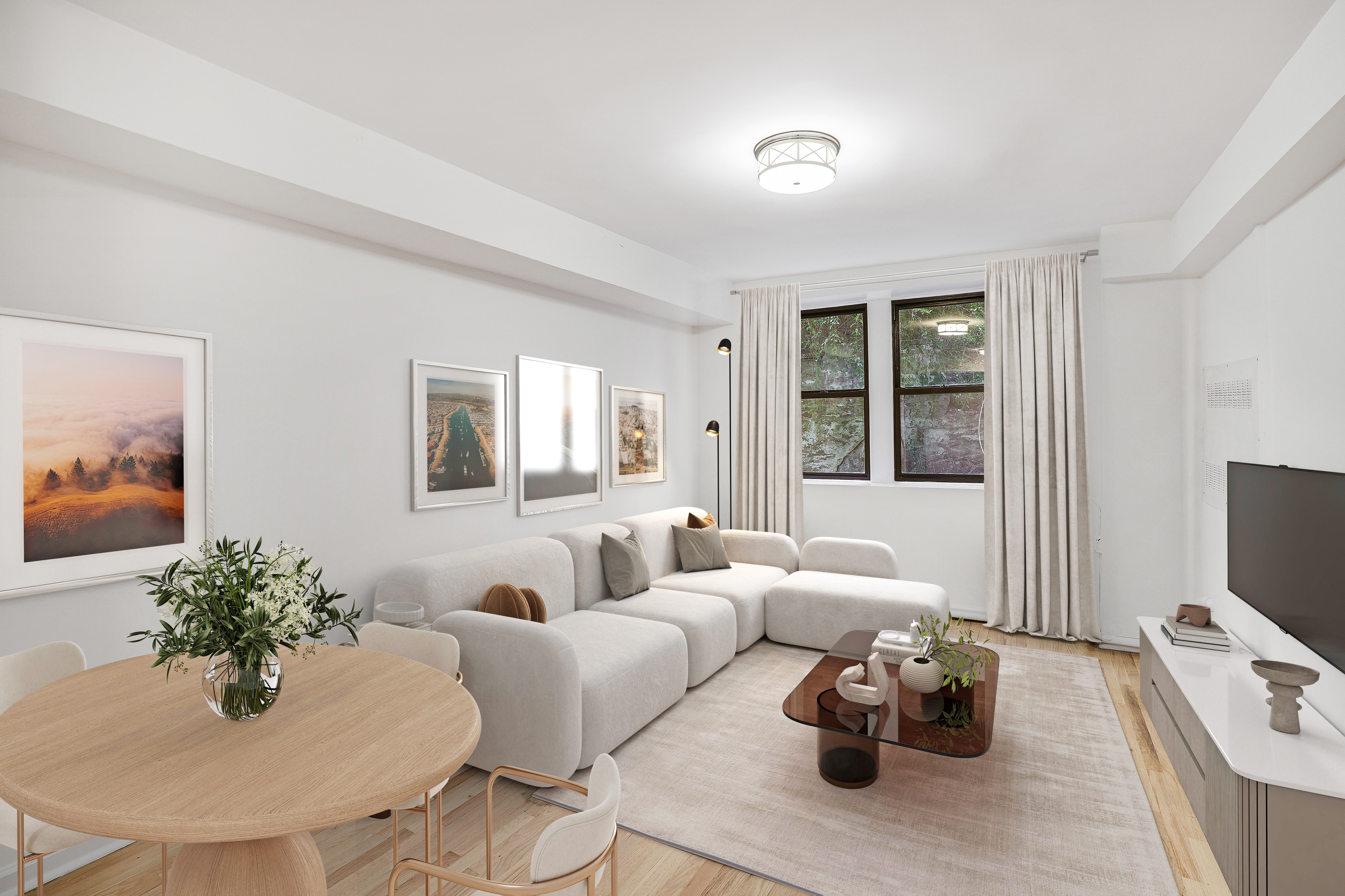 a living room with furniture potted plant and windows