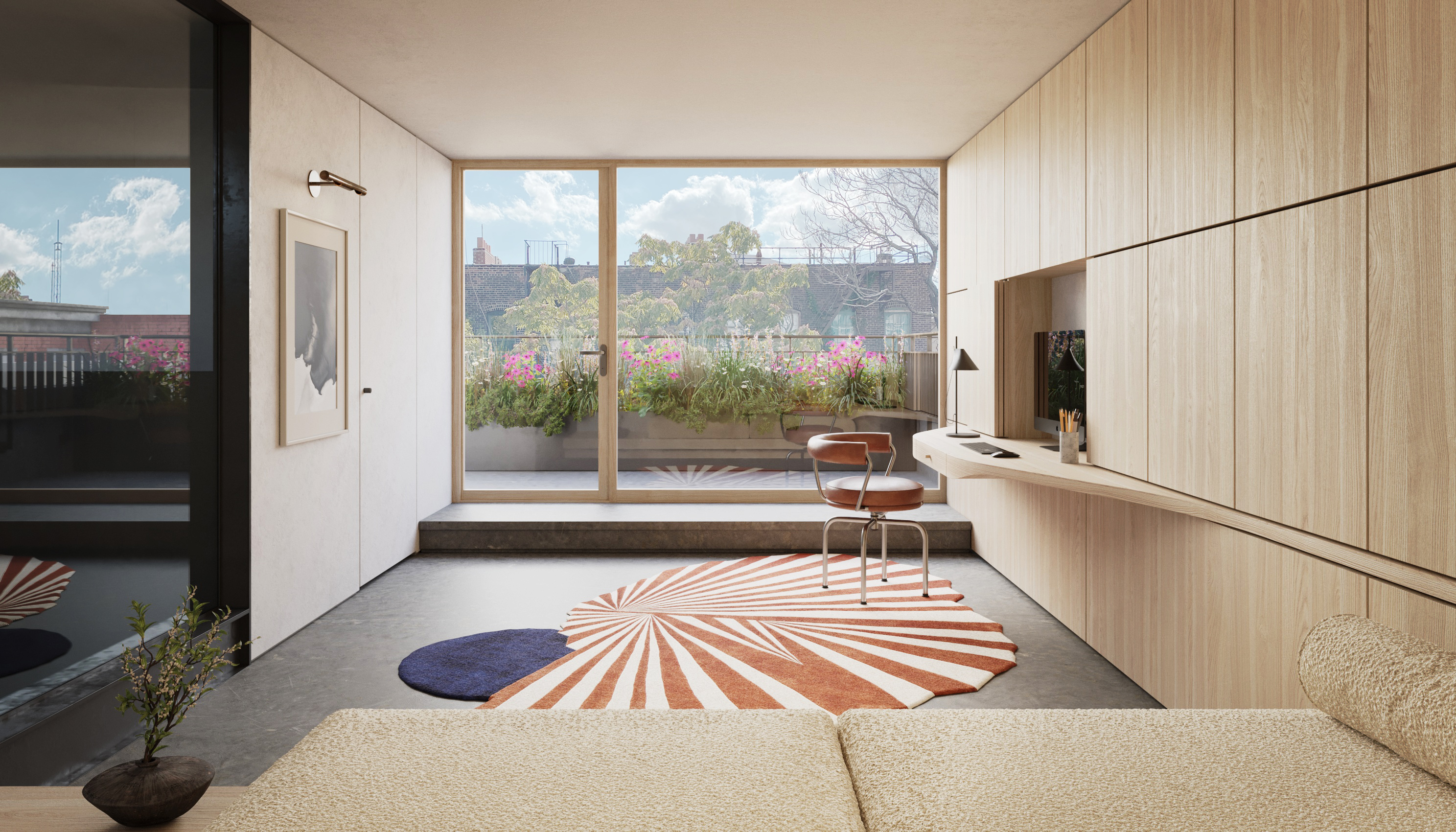 244 West 11th Street Manhattan, NY 10014 - Photo 13 of 29 a living room with furniture and a floor to ceiling window