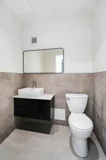 a bathroom with a toilet sink and mirror