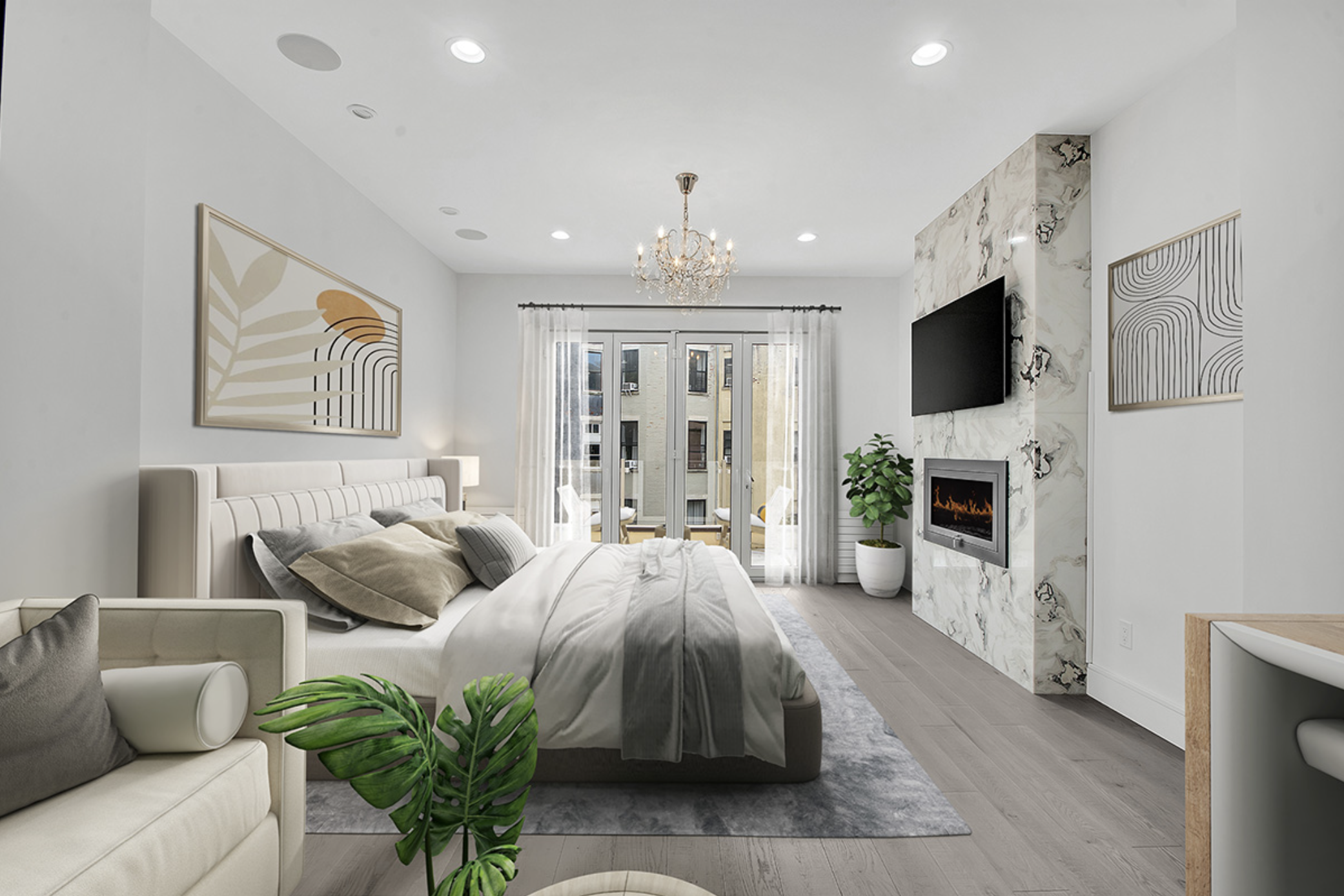 208 West 122nd Street Manhattan, NY 10027 - Photo 5 of 22 a spacious bedroom with a balcony a bed and a flat screen tv