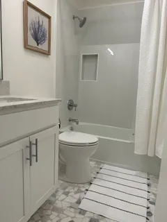 a bathroom with a toilet and a shower