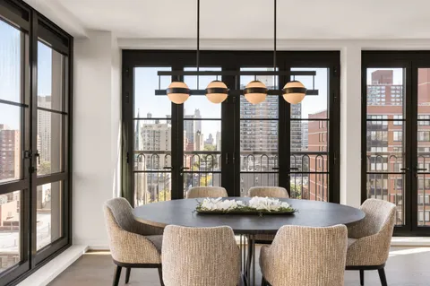 a view of a dining room with furniture and window