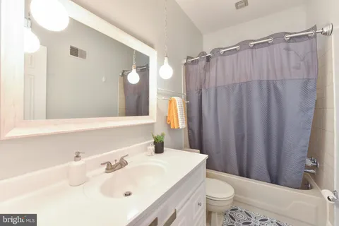 a bathroom with a sink a toilet and shower curtain