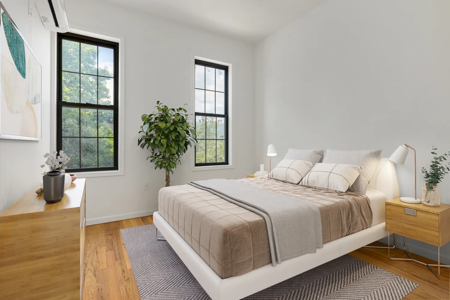 a bedroom with a large bed and a window