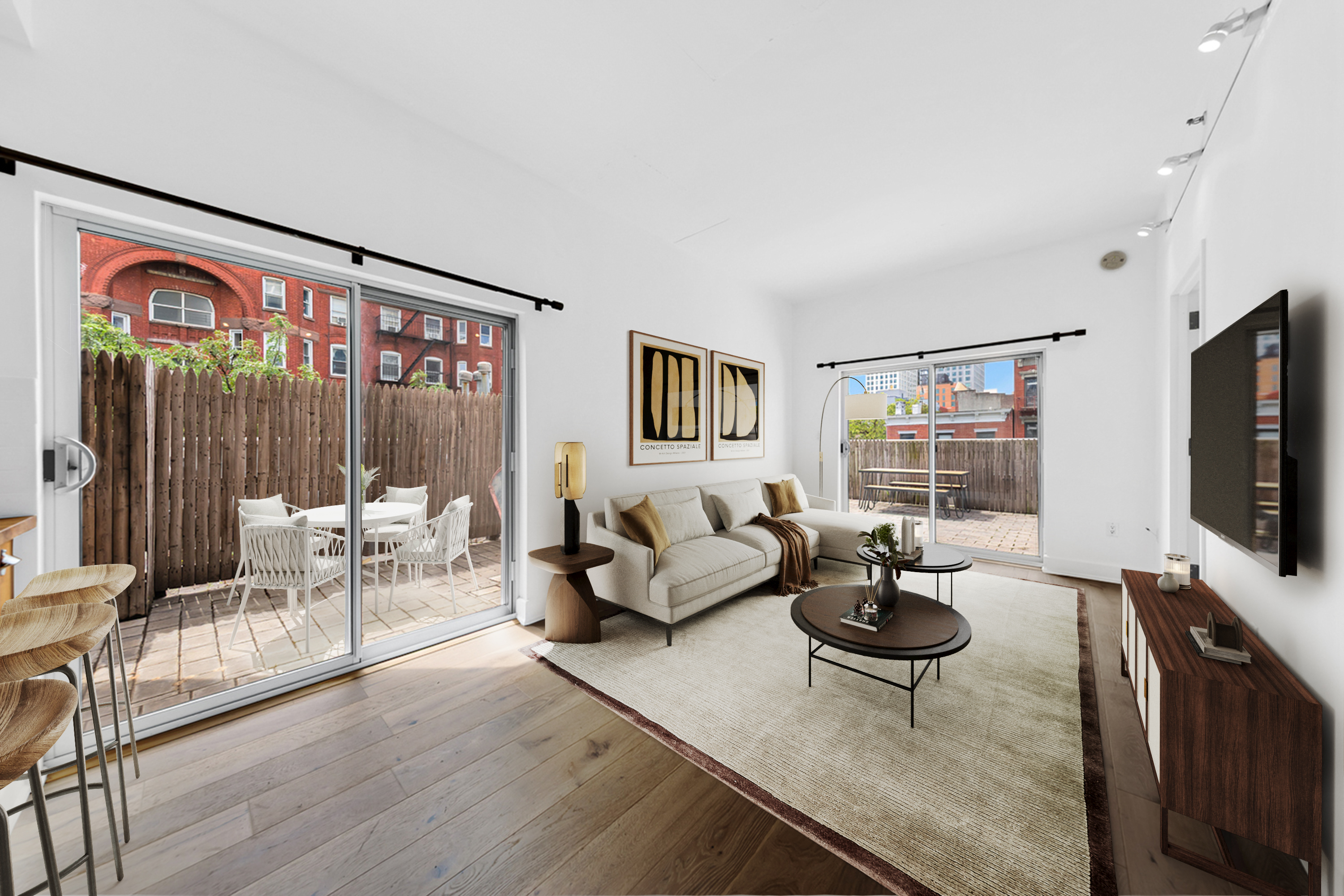 200 Franklin Street, Unit 3B Brooklyn, NY 11222 - Photo 1 of 7 a living room with furniture a flat screen tv and a floor to ceiling window