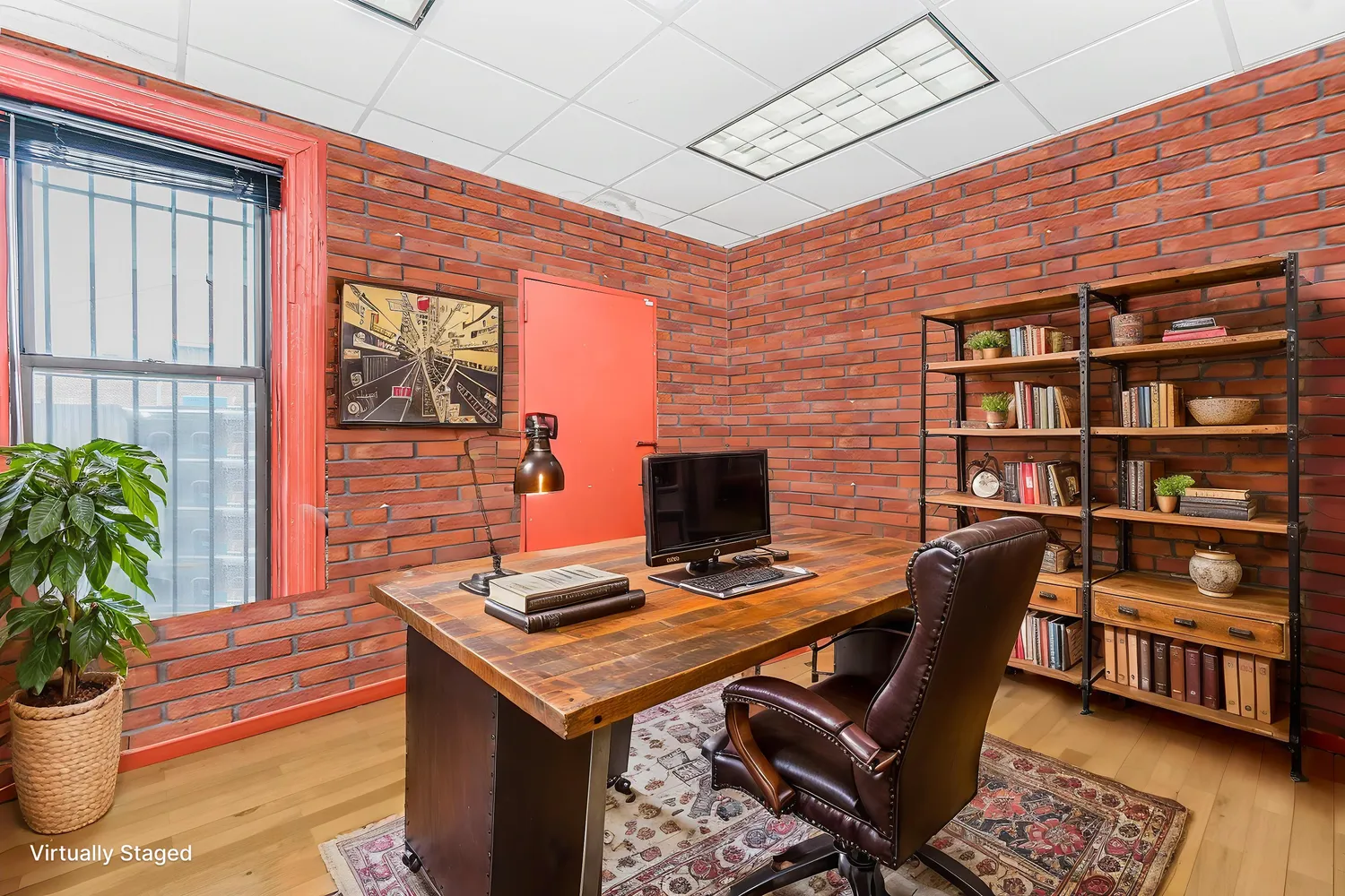 a work place with a bookshelf