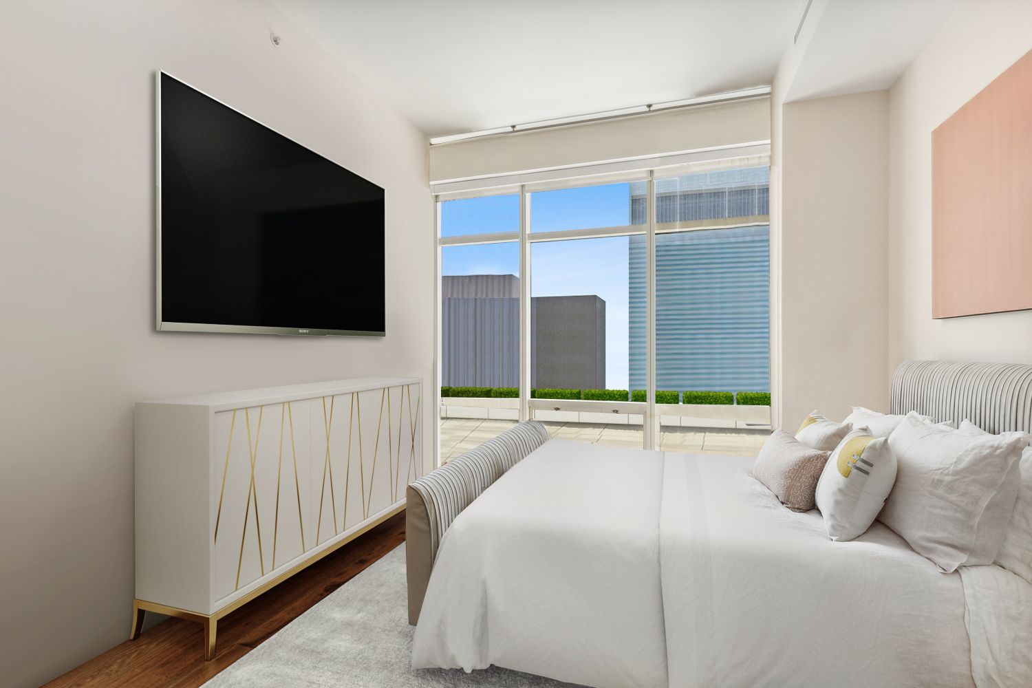 151 East 58th Street, Unit 32C Manhattan, NY 10022 - Photo 9 of 15 a bedroom with a bed and a flat screen tv