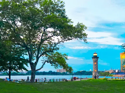 a view of a city with tall trees