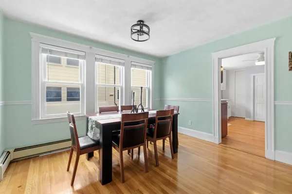 a view of a dining room with furniture and wooden floor