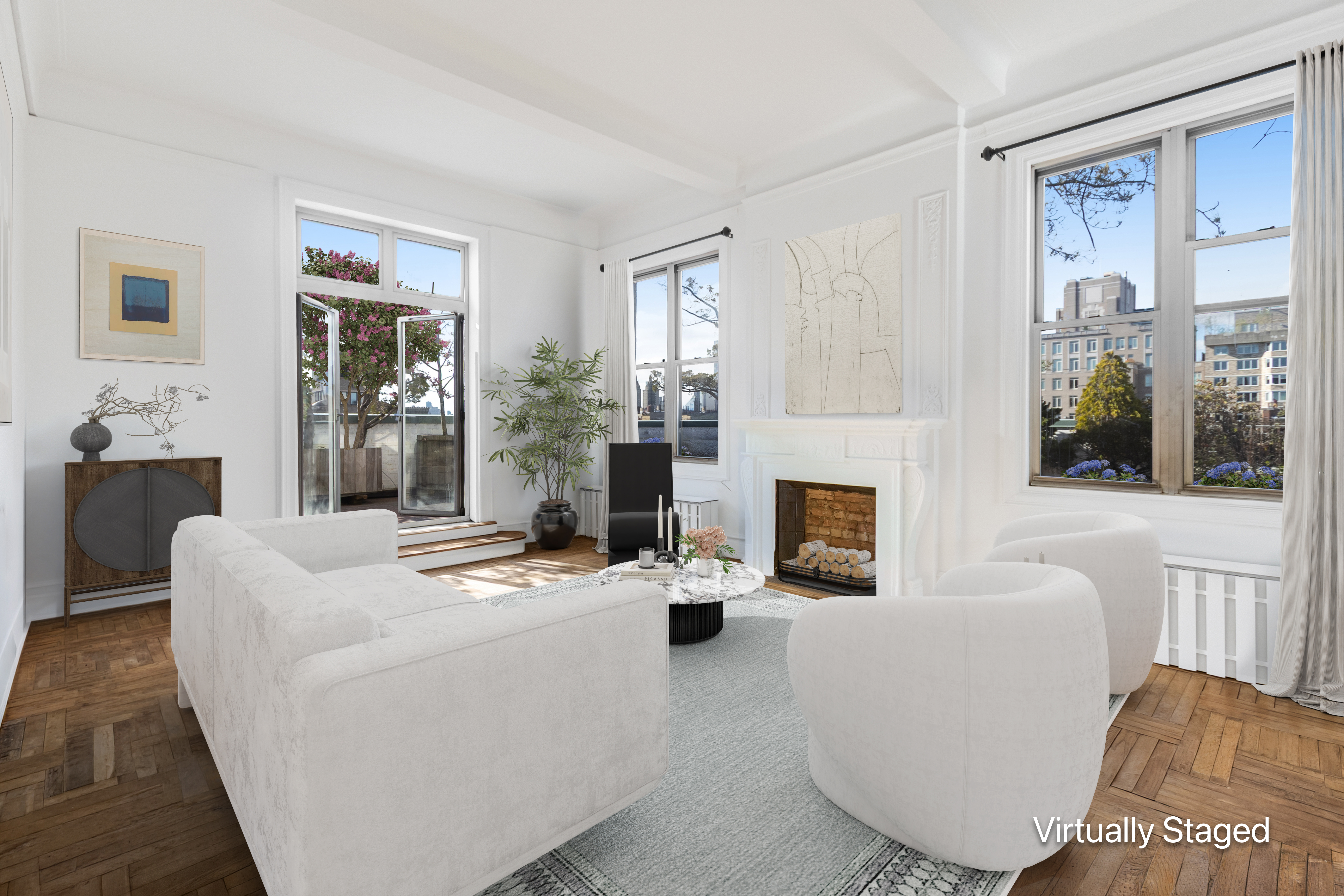 470 West End Avenue, Unit PH-G New York, NY 10024 - Photo 3 of 22 a living room with furniture a fireplace and a large window
