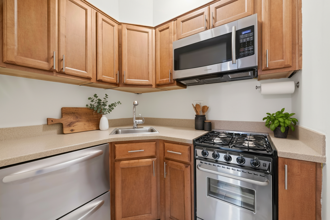 110 East 57th Street, Unit 16B Manhattan, NY 10022 - Photo 9 of 15 a kitchen with stainless steel appliances granite countertop white cabinets stove top oven and microwave