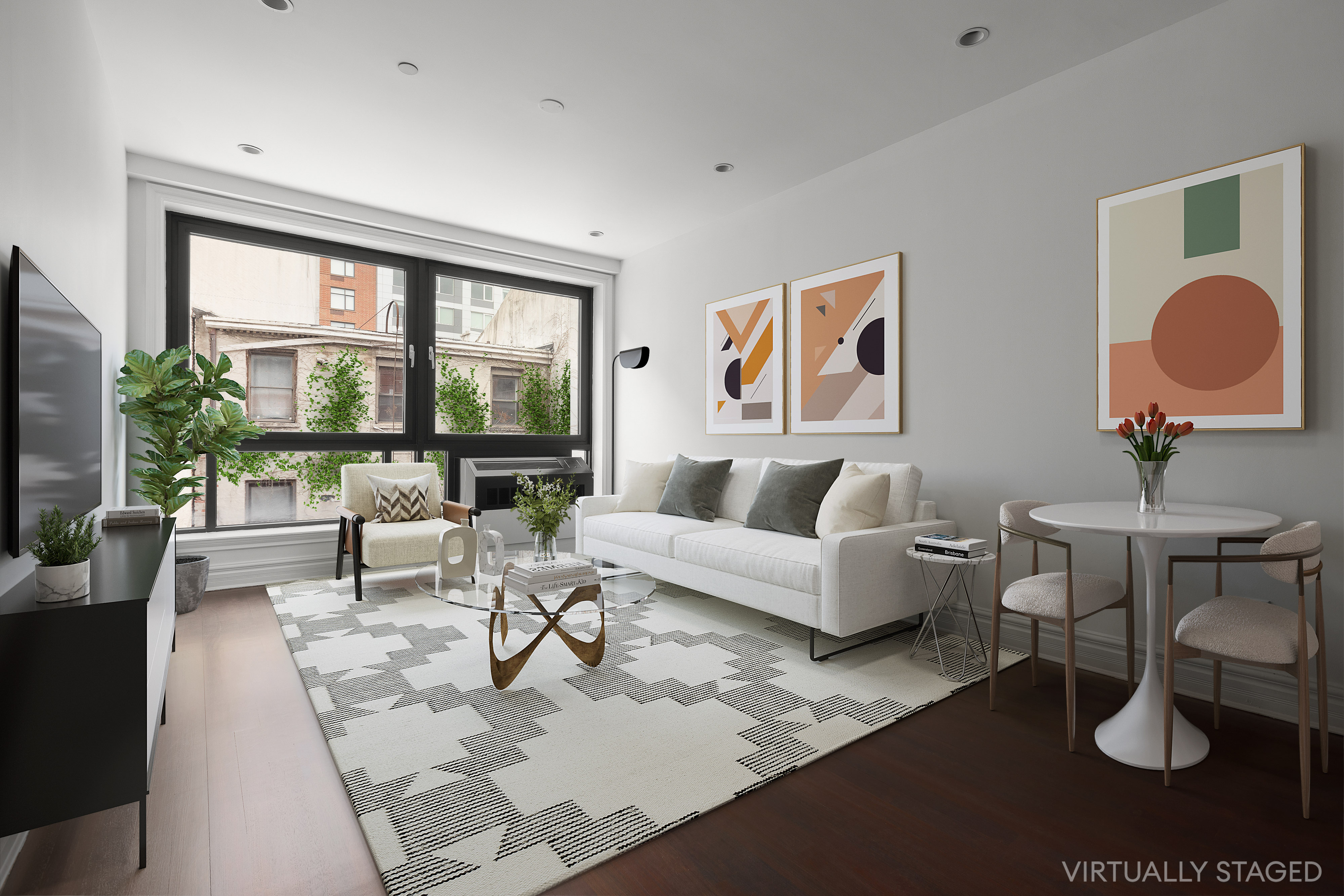 a living room with furniture large window and flat screen tv