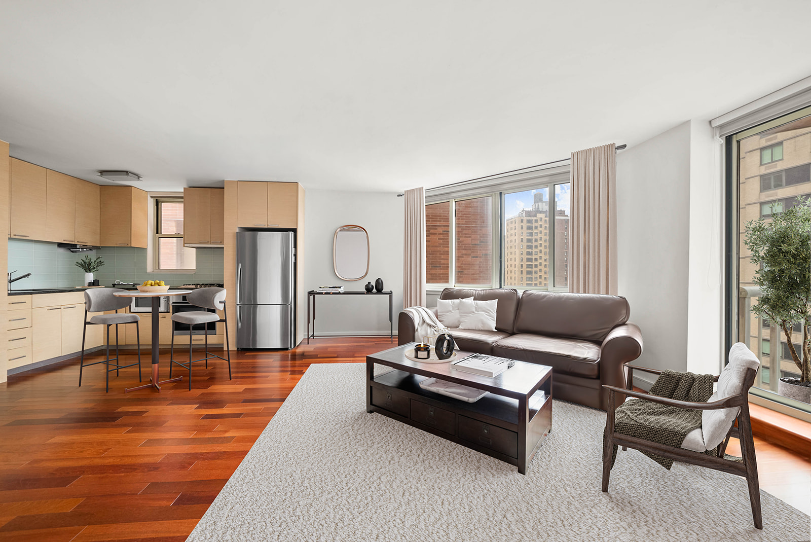 a living room with furniture and a table