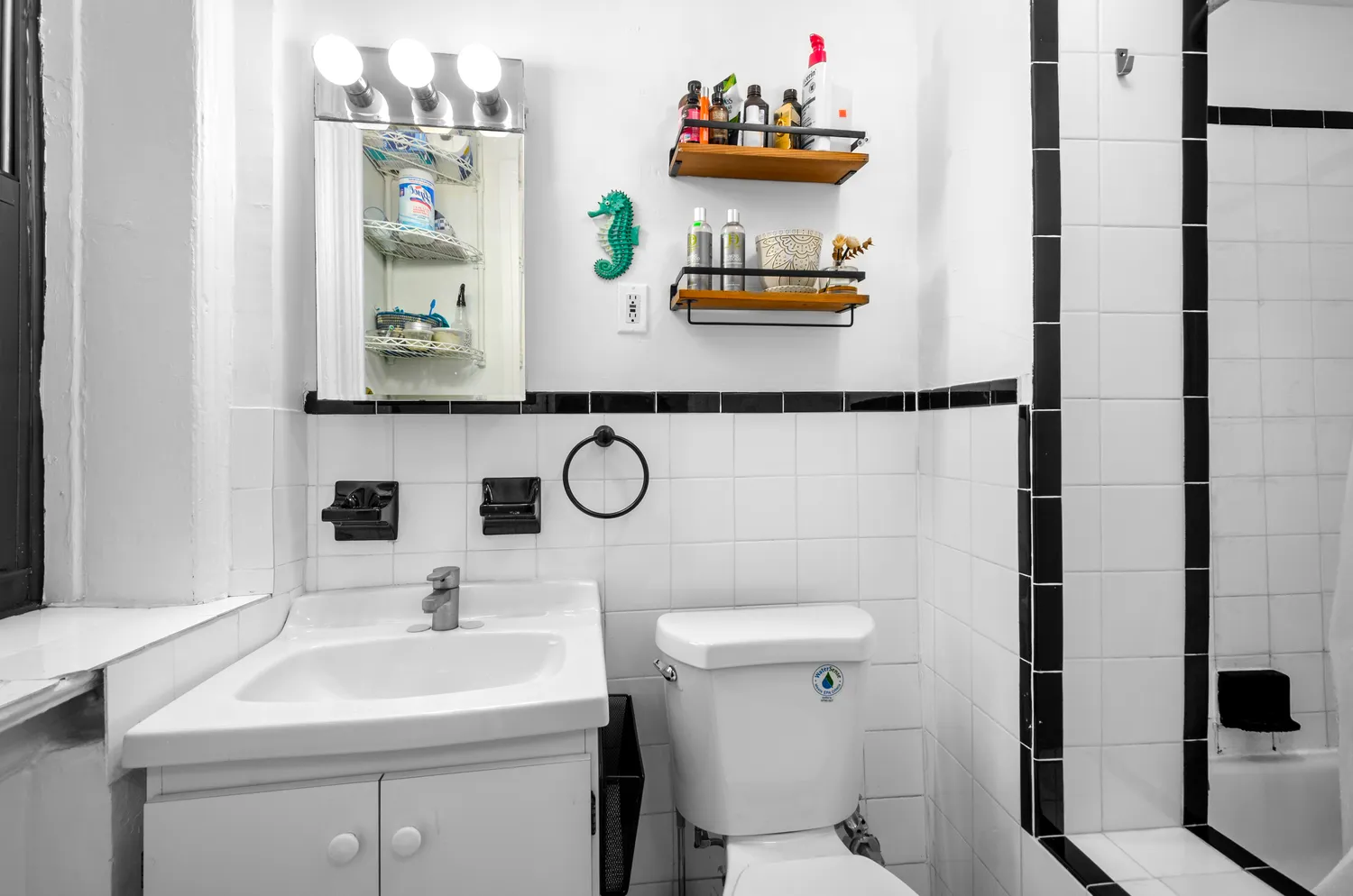 a bathroom with a sink mirror and toilet