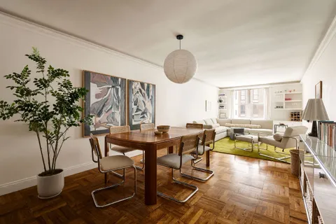 a view of a dining room with furniture and a potted plant