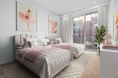 a bedroom with bed and a large window