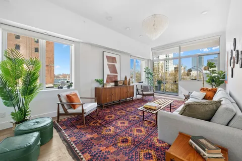 a living room with furniture potted plant and a large window