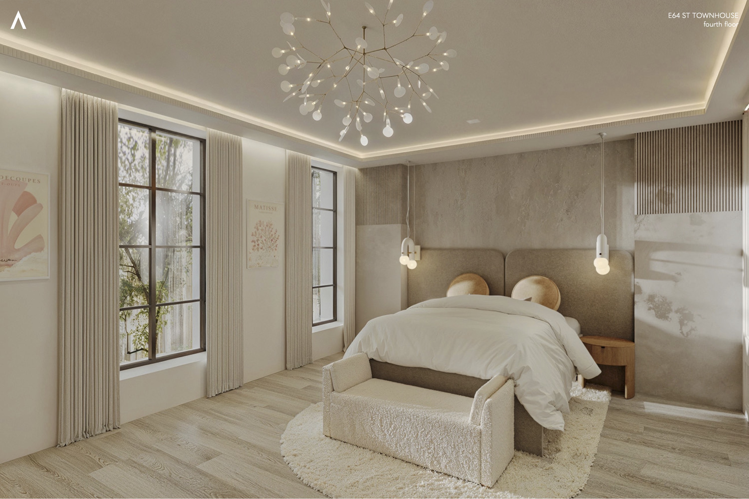 105 East 64th Street Manhattan, NY 10065 - Photo 14 of 29 a spacious bedroom with a bed and a chandelier