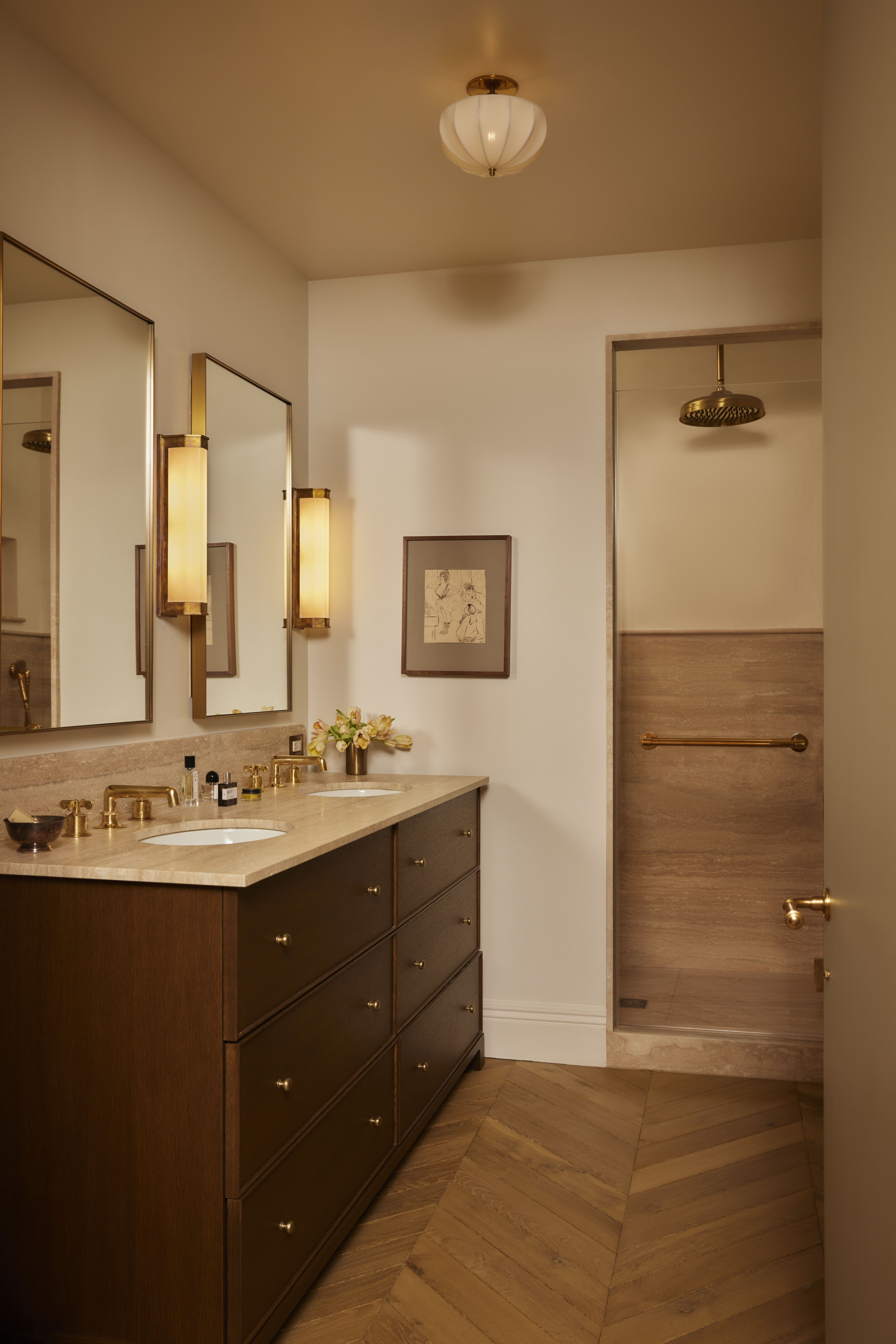 2109 Broadway, Unit 15/157 Manhattan, NY 10023 - Photo 10 of 19 a bathroom with a double vanity sink a mirror and a shower