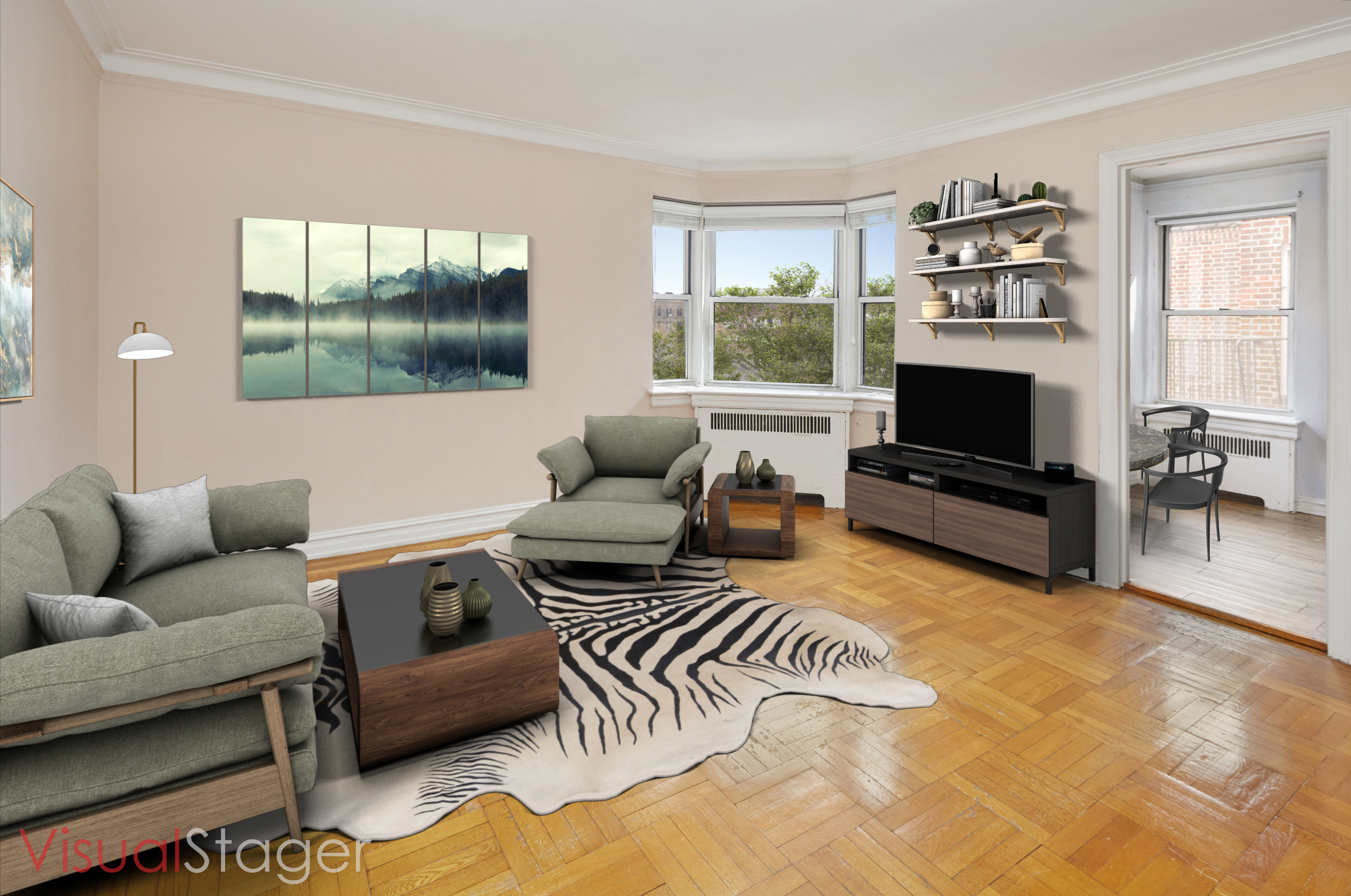 a living room with furniture a flat screen tv and a fireplace