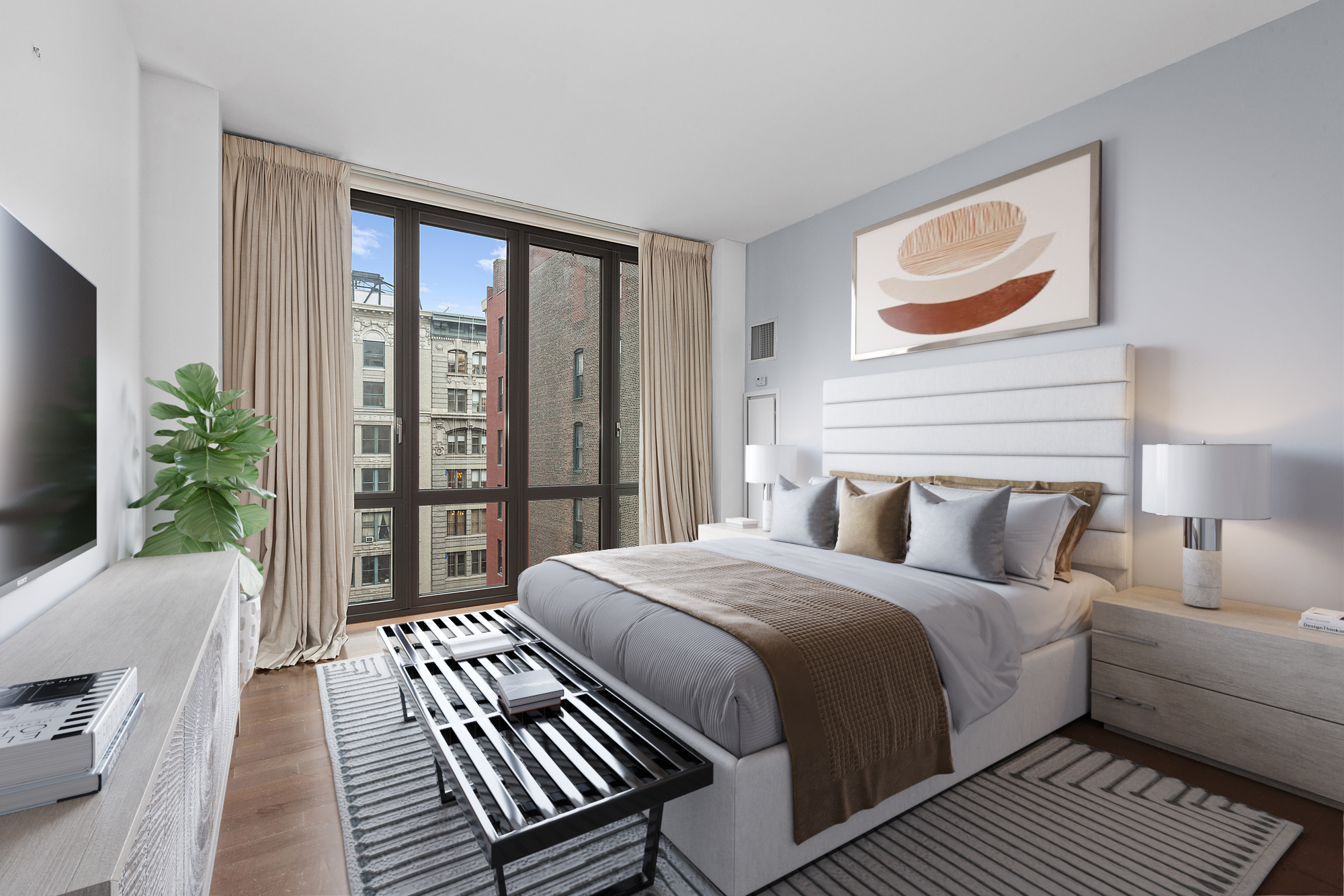 4 West 21st Street, Unit 11A Manhattan, NY 10010 - Photo 3 of 9 a bedroom with a bed a potted plant and a large window with outer view