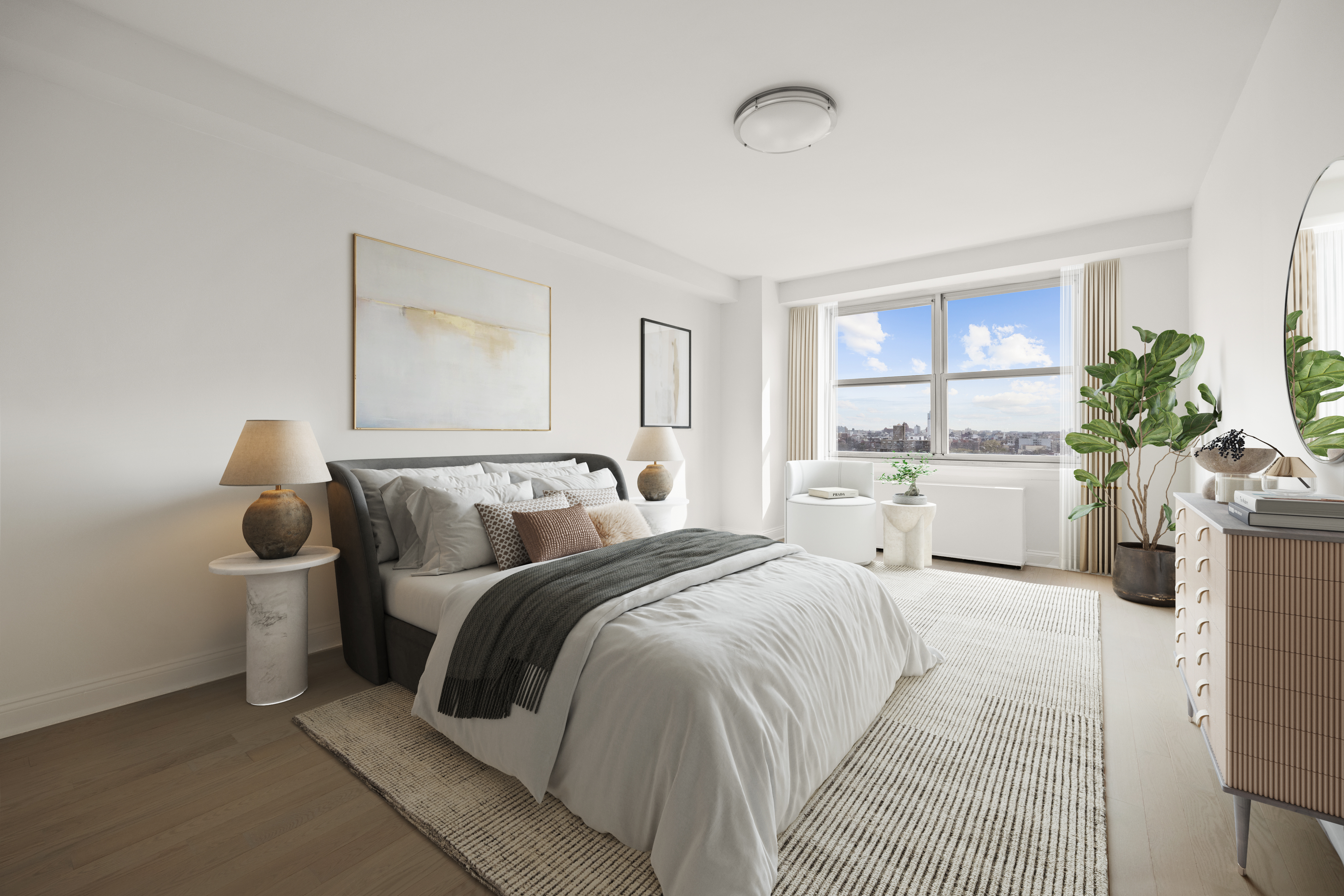 135 Ocean Parkway, Unit 16N Brooklyn, NY 11218 - Photo 9 of 16 a bed room with a bed and a large mirror