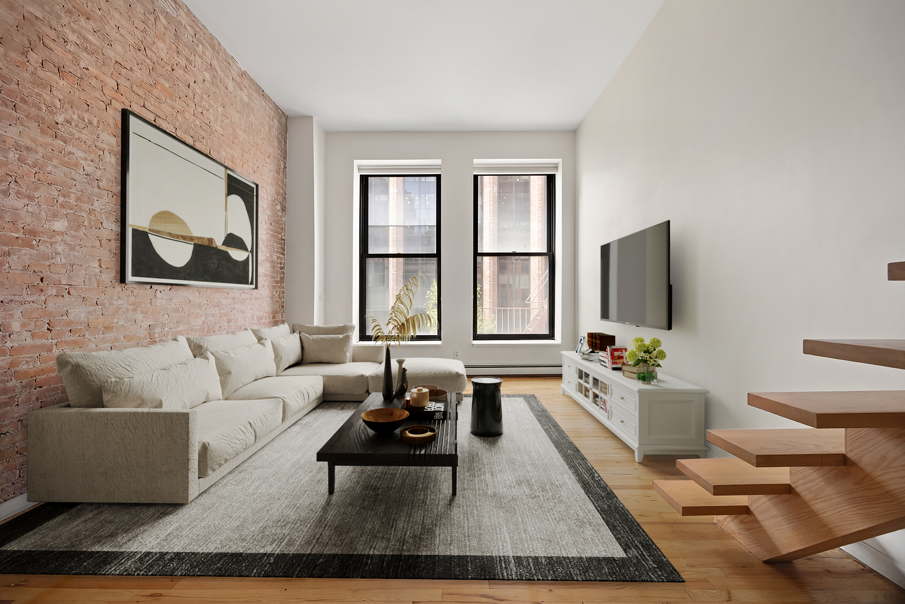 250 Mercer Street, Unit C414 Manhattan, NY 10012 - Photo 1 of 14 a living room with furniture wooden floor and a flat screen tv