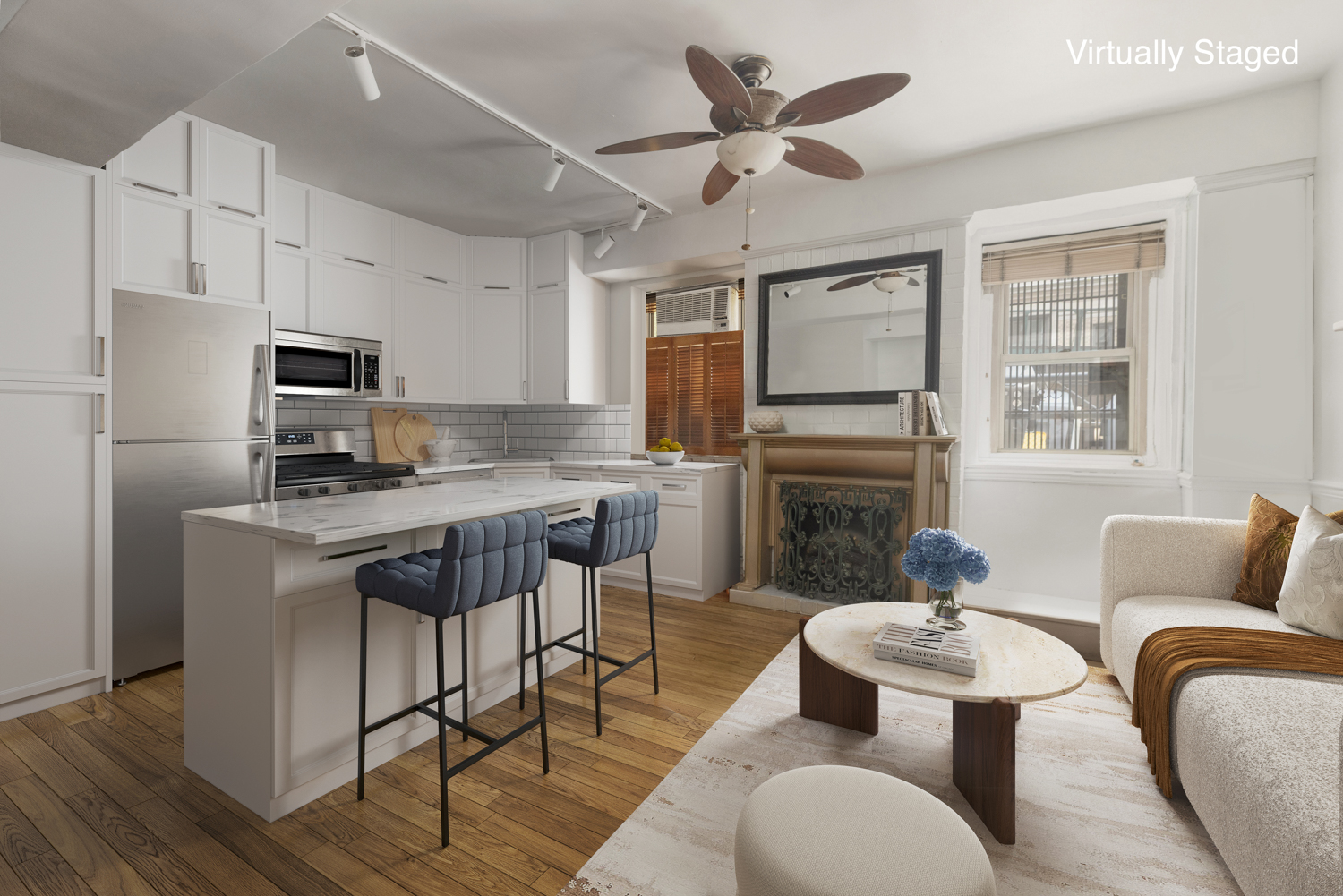 400 Riverside Drive, Unit K Manhattan, NY 10025 - Photo 2 of 22 a living room with furniture a fireplace and a flat screen tv