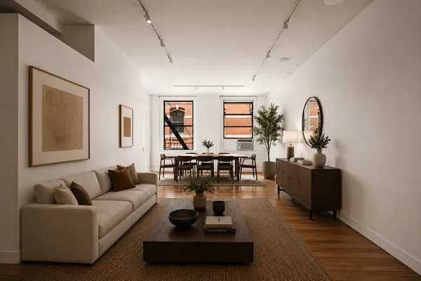 a living room with furniture and wooden floor