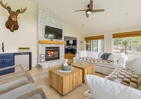 a living room with fireplace furniture and a flat screen tv