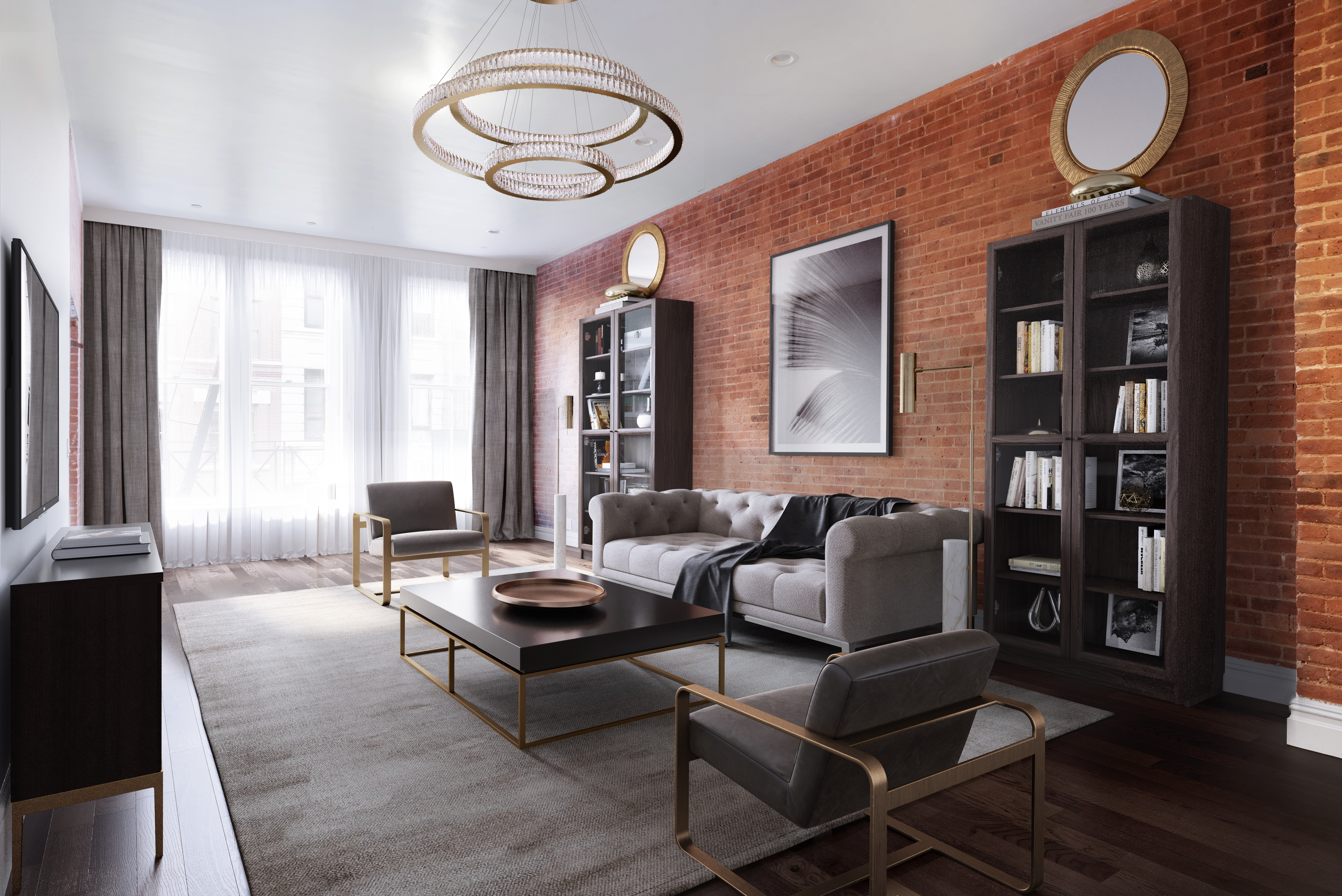175 Franklin Street, Unit LOFT Manhattan, NY 10013 - Photo 2 of 12 a living room with fireplace furniture and a large window