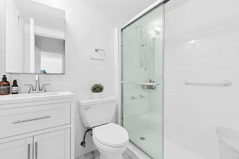 a bathroom with a toilet a sink a mirror a vanity and shower
