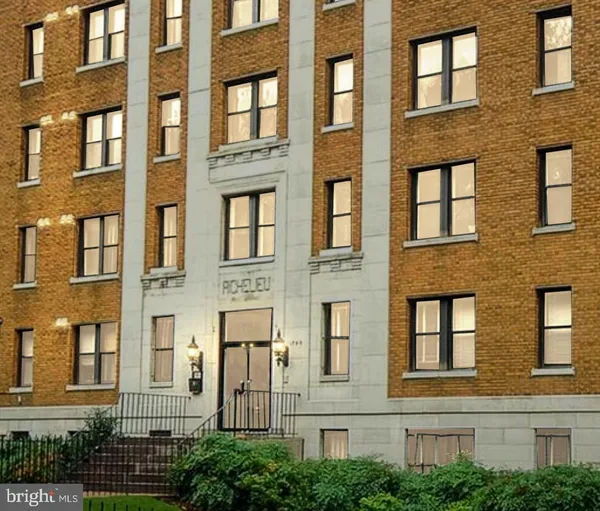 a front view of a brick building