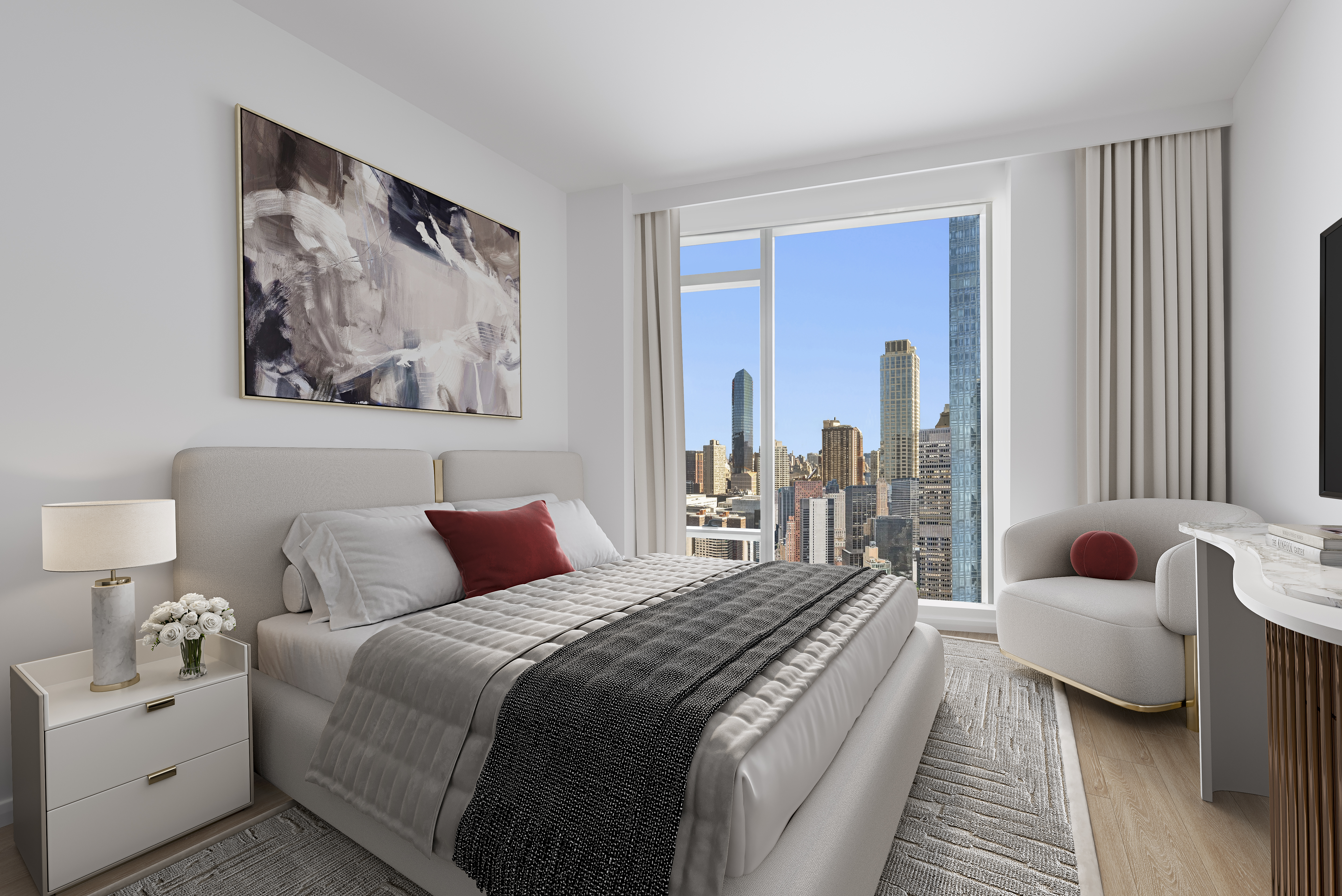 30 Riverside Boulevard, Unit 32E Manhattan, NY 10069 - Photo 6 of 19 a bedroom with bed and a couch