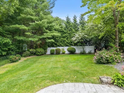 a backyard of a house with a lots of plants and large tree