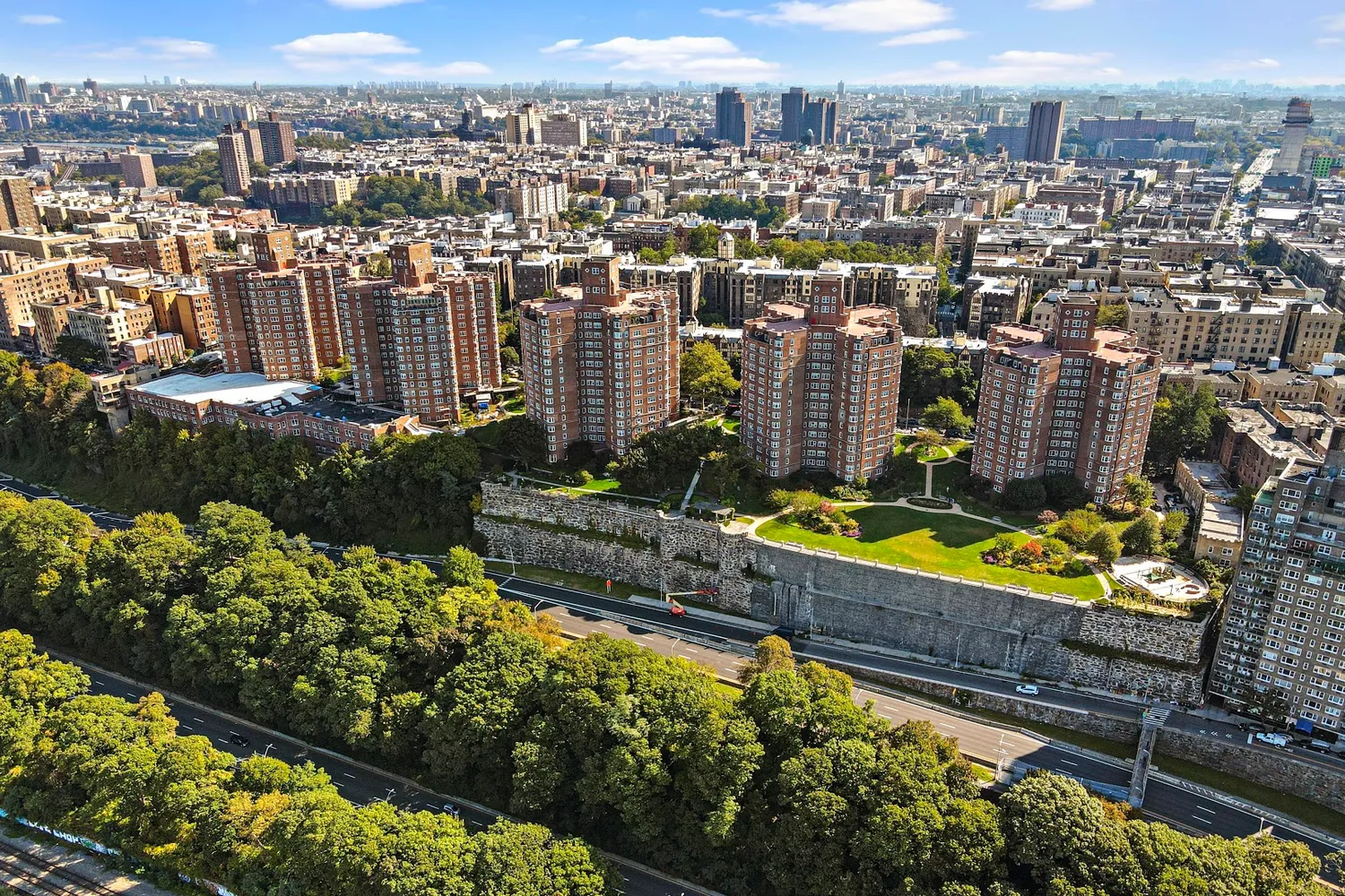 a view of a city with tall buildings