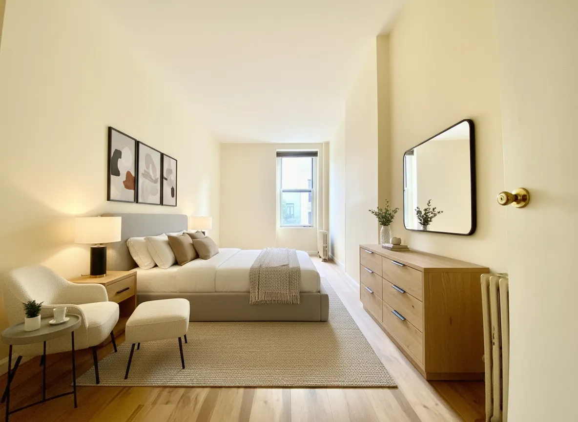 a bedroom with a large bed mirror and a window