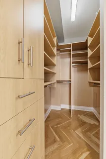 a room with walk in closet and empty racks