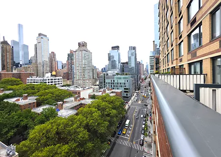 a city view with tall buildings