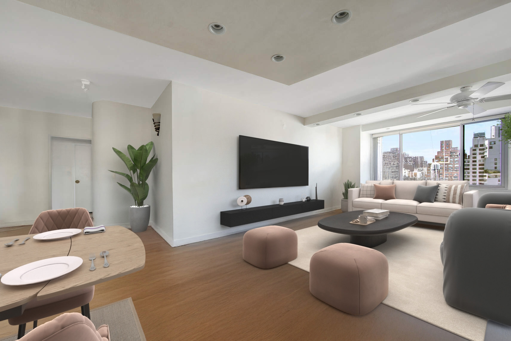 300 East 74th Street, Unit 14F Manhattan, NY 10021 - Photo 4 of 13 a living room with furniture and a flat screen tv