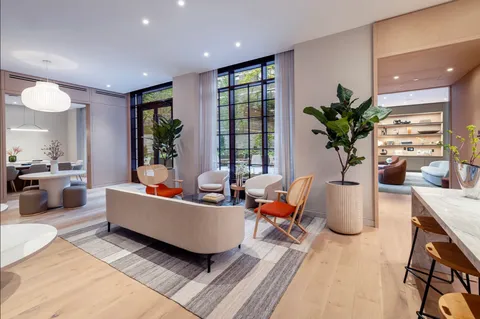 a living room with furniture and a potted plant