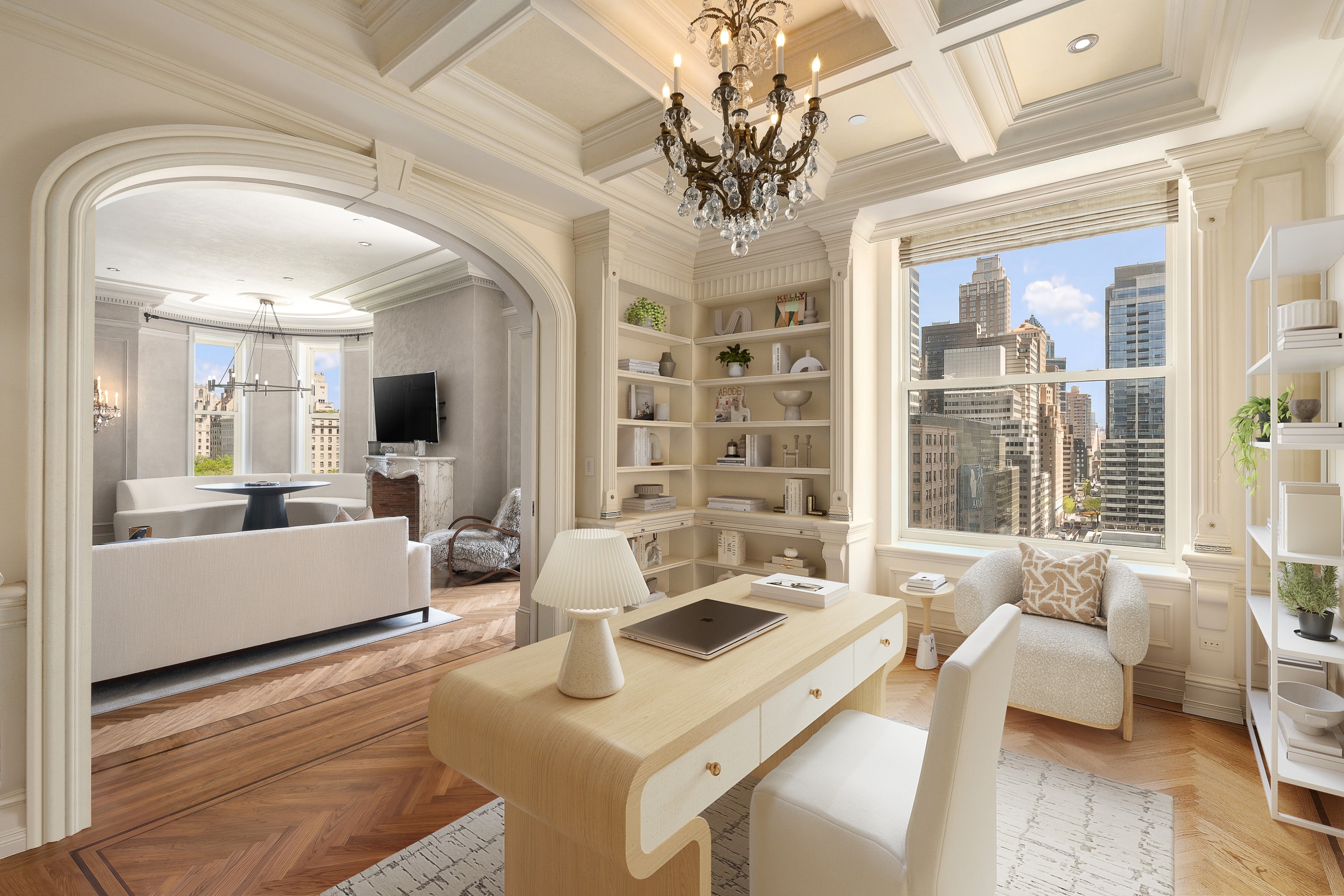 1 Central Park South, Unit 909 Manhattan, NY 10019 - Photo 9 of 28 a living room with furniture and a chandelier