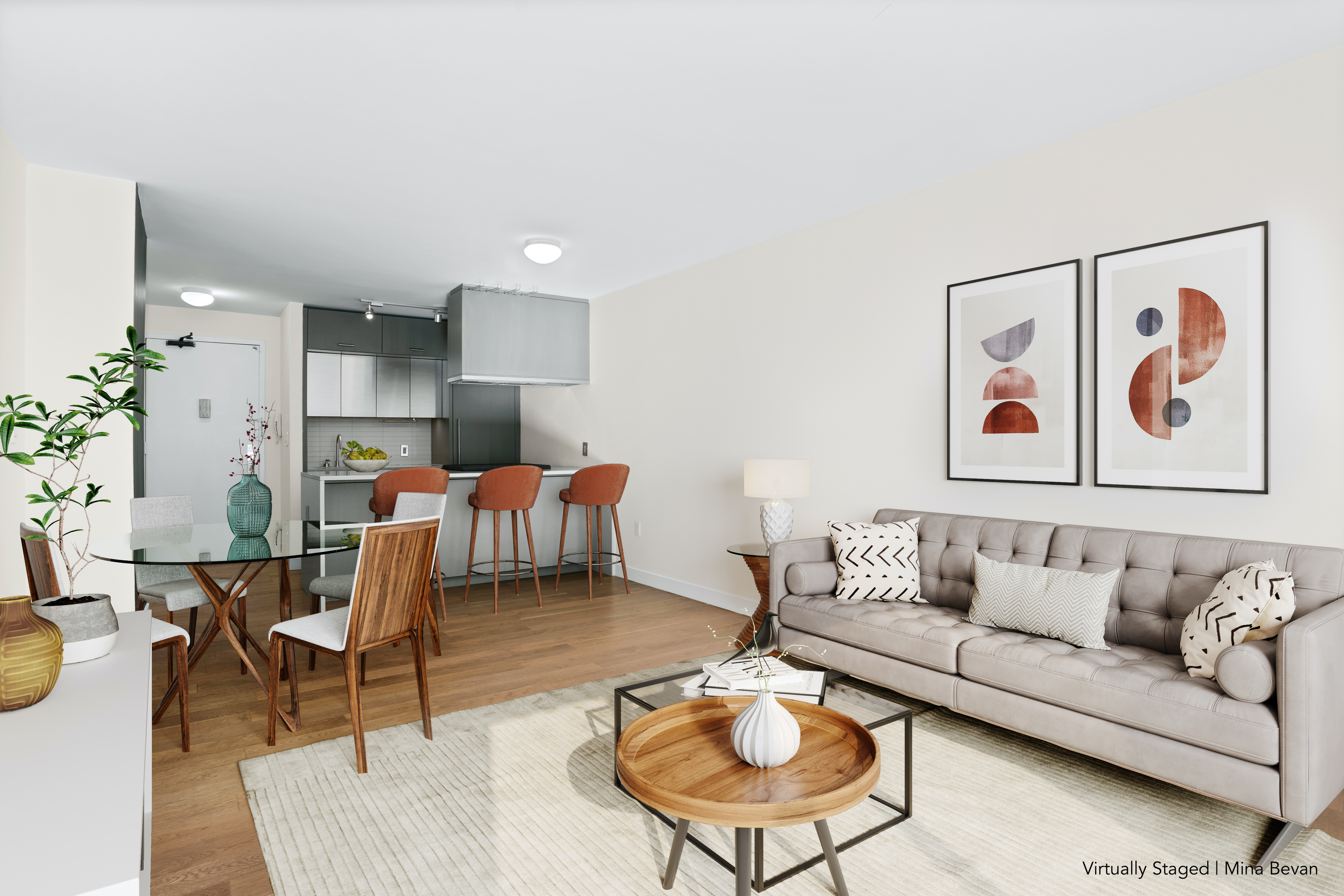 225 Rector Place, Unit 2D Manhattan, NY 10280 - Photo 1 of 17 a living room with furniture and kitchen area